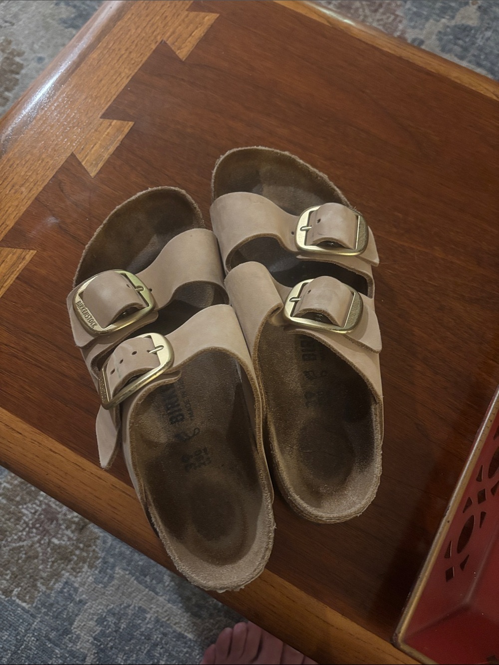 Birkenstock Two-Buckle Sandals in Light Brown with Gold Buckles
